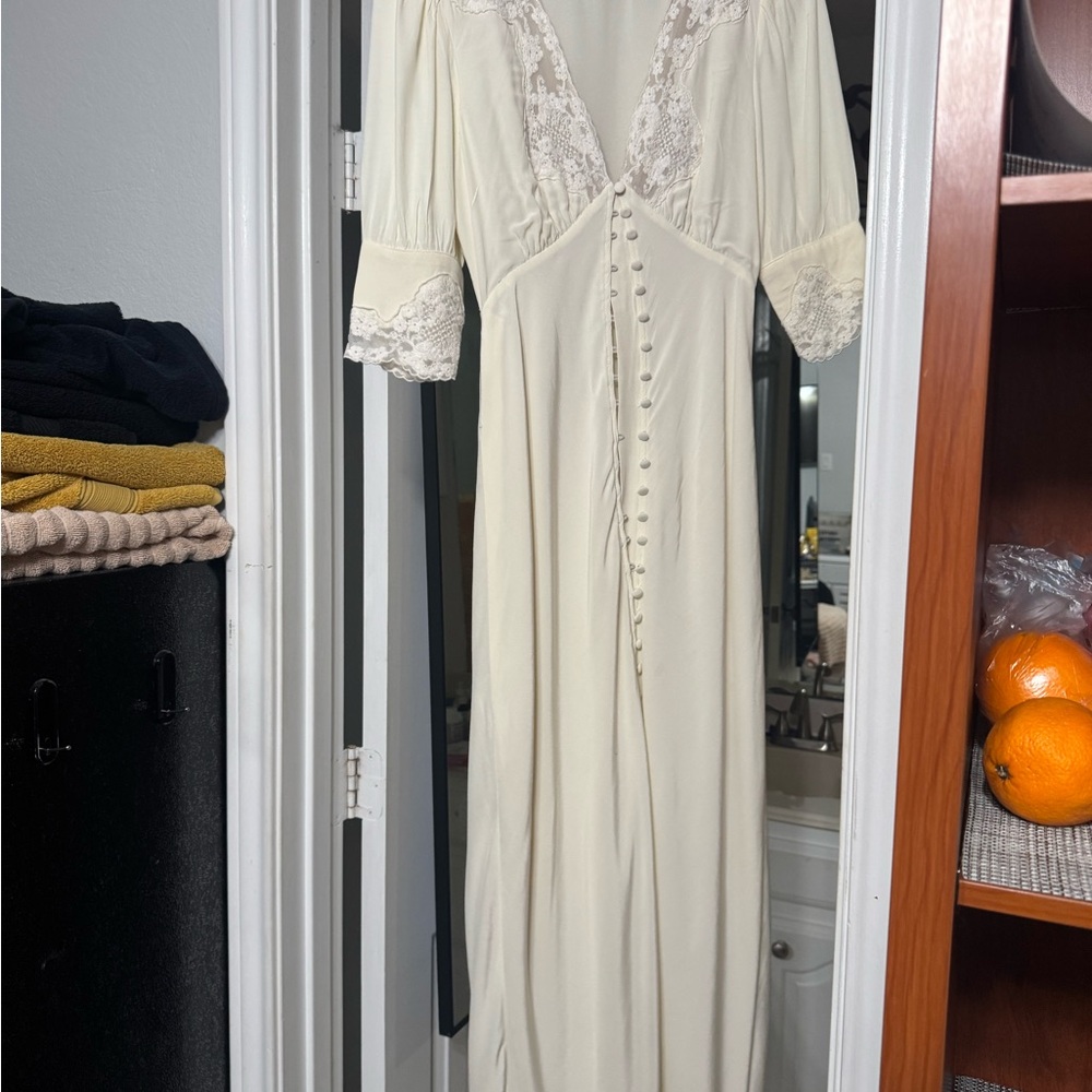 RIXO Cream Lace-Trim Midi Dress